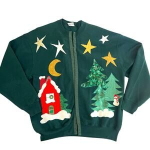 Vintage Pro Spirit Christmas Cardigan Sweatshirt XXL Made in USA Snowmen Trees